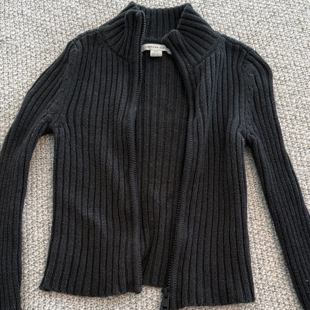 American Eagle Charcoal Ribbed Zip Sweater